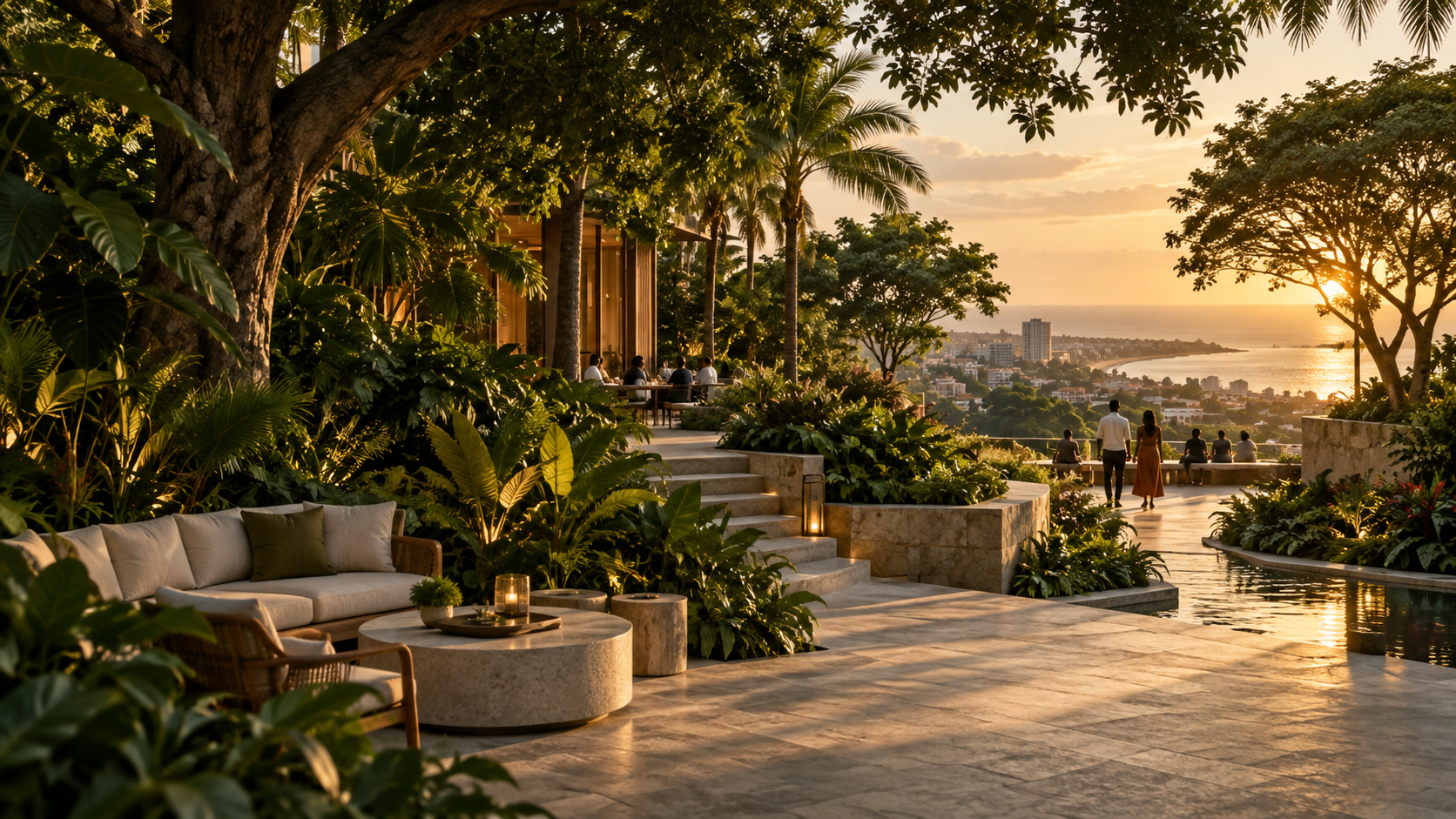 A vision of a lush tropical urban destination at golden hour